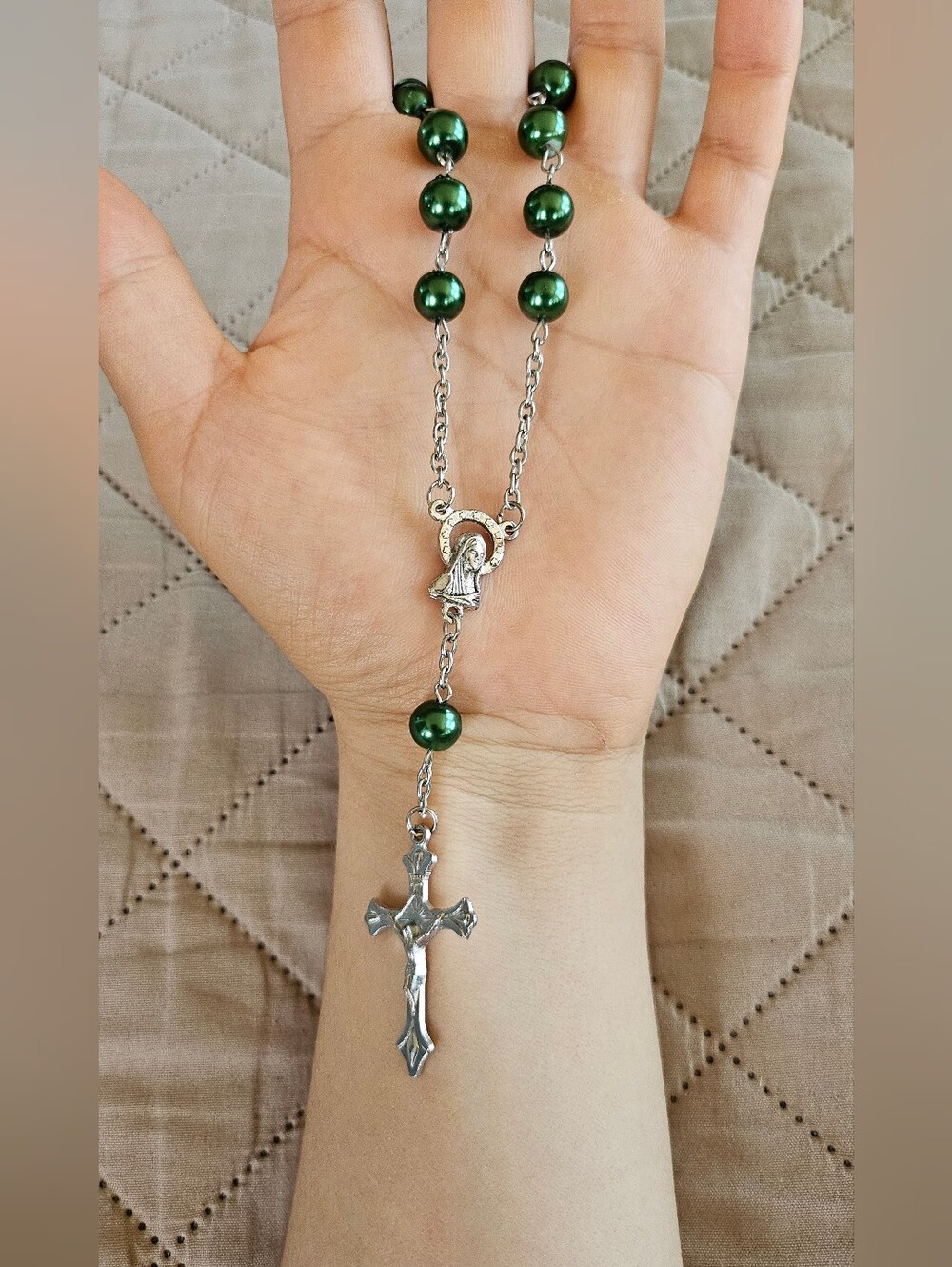 GreenRosary Bracelet with Crucifix and Mary Charm, Catholic,  religious jewelry,